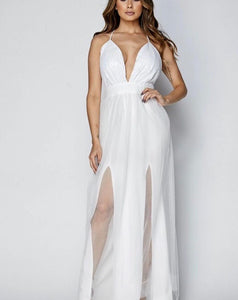 white Wedding Sequin Mesh Maxi Dress - White