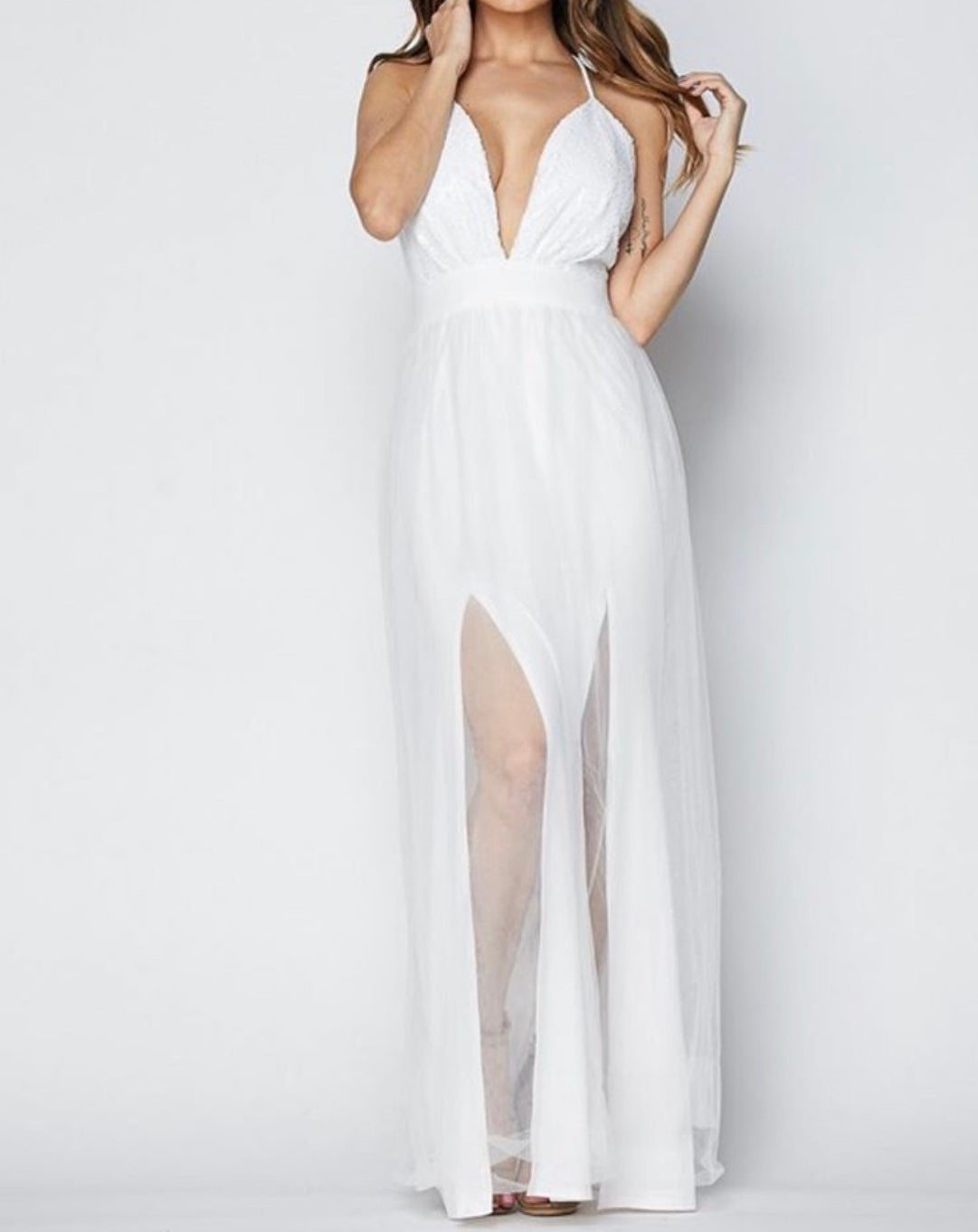 white Wedding Sequin Mesh Maxi Dress - White